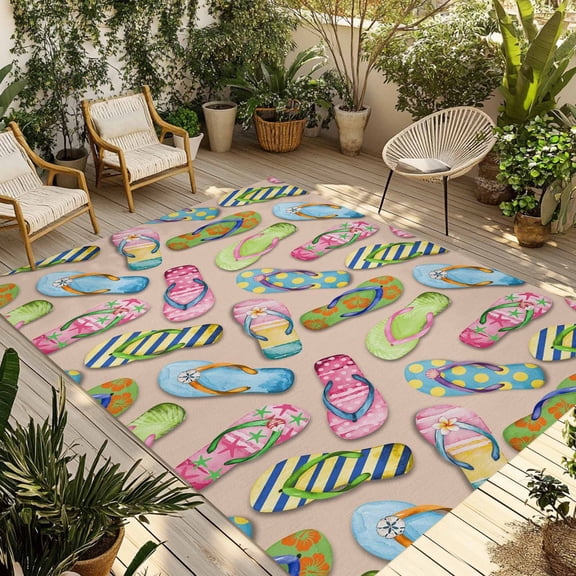 Summer Slippers Outdoor Rug for Patio/Deck/Porch, Non-Slip Large Area Rug 5 x 7 Ft, Watercolor Flip Flops Ocean Beach Light Brown Indoor Outdoor Rugs Washable Area Rugs, Camping Rug Carpet Runner