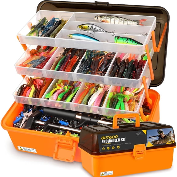 OUTGOO Large 4-Layer Fishing Tackle Box with Tackle Included, 547Pcs Fishing Lures Kit with Pliers, Crankbait, Hooks, Weights & Accessories, Freshwater Bass Fishing Gear and Equipment, Gift for Men