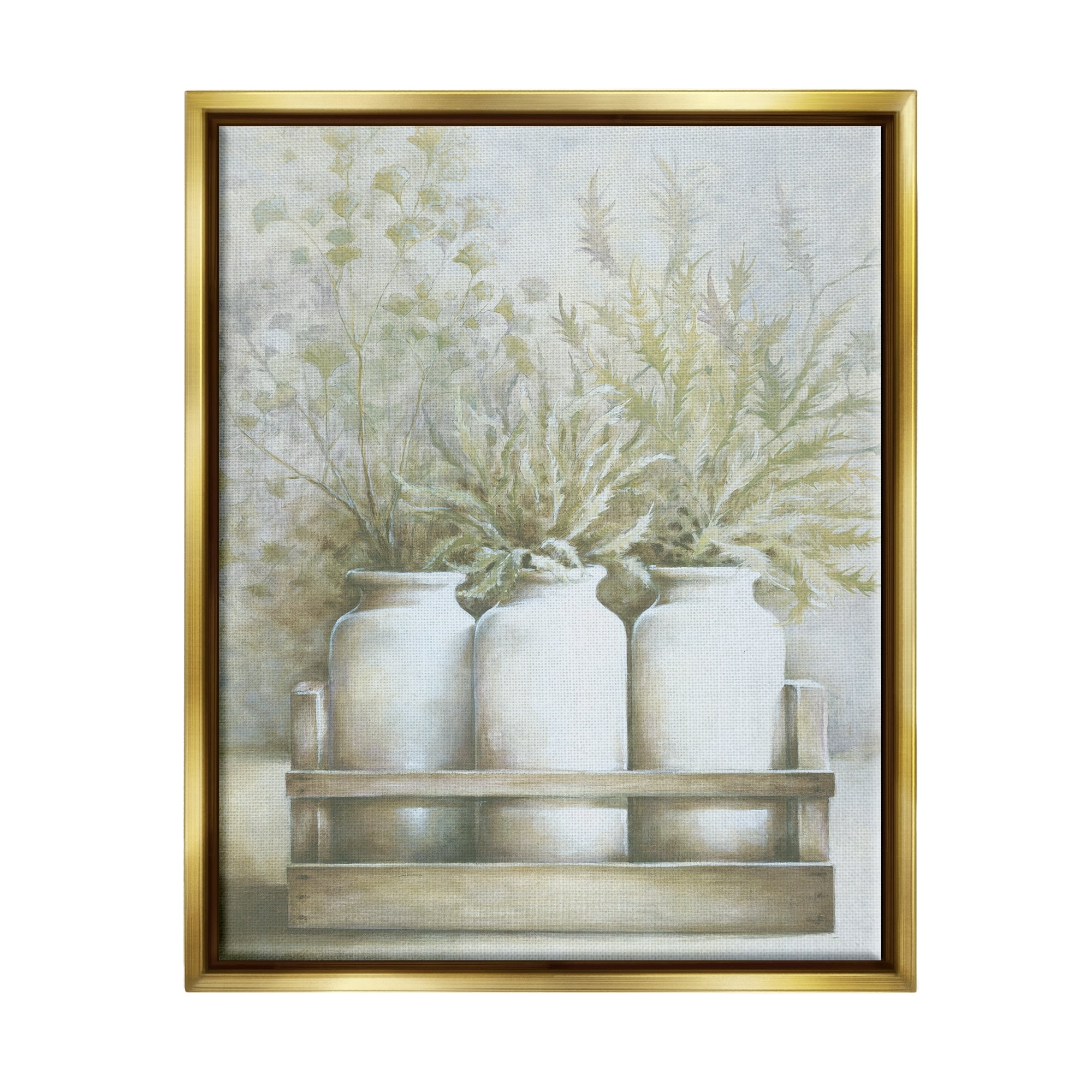 Stupell Industries Country Herbal Blooms Varied Plants Milk Jugs Painting Metallic Gold Floating Framed Canvas Print Wall Art, Design by White Ladder