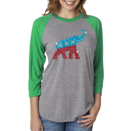 Patriotic Elephant - Republican Glitter Elephant Patriotic Political Womens 3/4 Raglan Sleeve