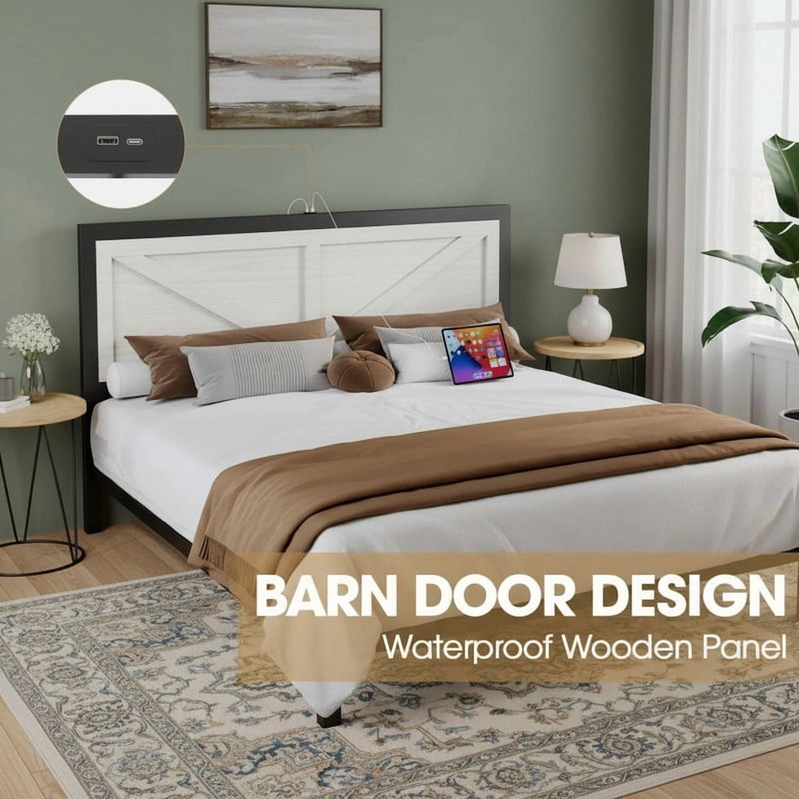 Rustic Bed Frame King Size with Barn Door Headboard, LED Bed Frame with Charging Station, Industrial Platform Metal Bed Frames, No Box Spring Needed, Easy Assembly, White