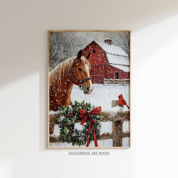 Winter Holiday Horse Poster Wall Art, Holiday Farmhouse Animal Cottagecore Decor, Winter Wonderland, W55, Size 8x12 UNFFRAMED F03.1.7l2224