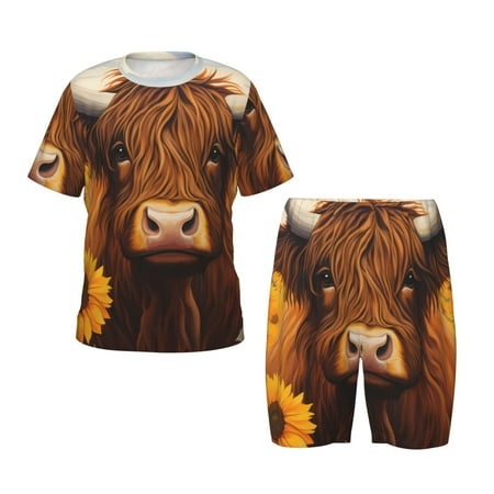 Luyuia Countryside Sunflower Cow Print Girls  2-Piece Tie-Dye Pajama Set  Cute Summer Loungewear with Shirt and Tank Shorts Nightwear-X-Large