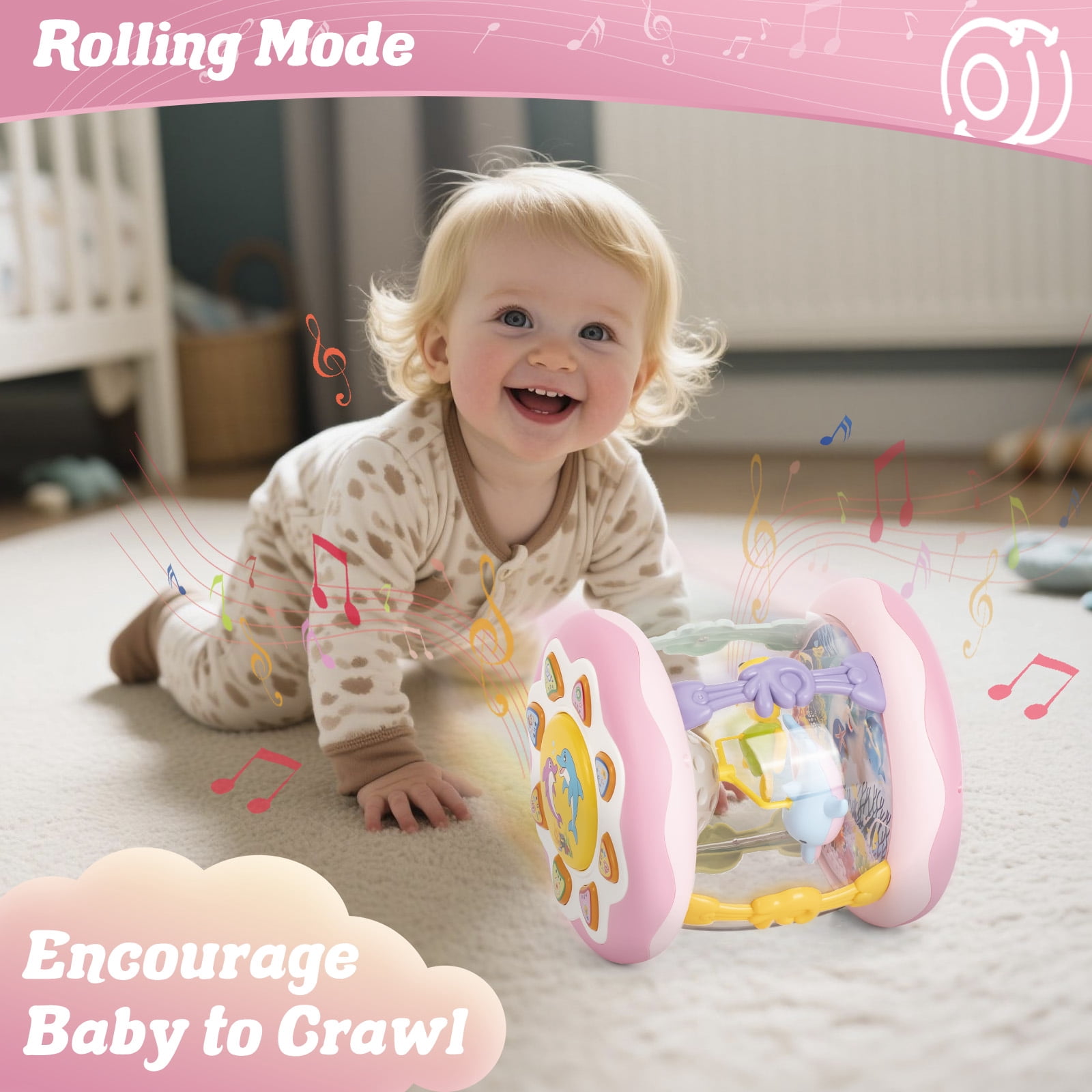Ficcug Baby Musical Toys for 6-12 Months,Baby Light Up Rotating Ocean Projector Drums Toy for Infant Tummy Time,Learning Crawling Toys for 1 2 3 Year Old Toddler Girls Birthday Gift,Pink