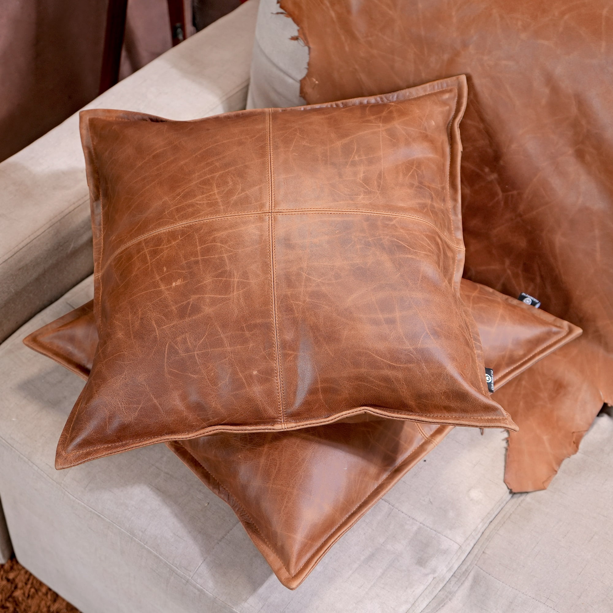Lambskin Leather Pillow Cover, Sofa Cushion Case, Home Decor Style for Living Room & Bedroom, Cognac Box, 14x14