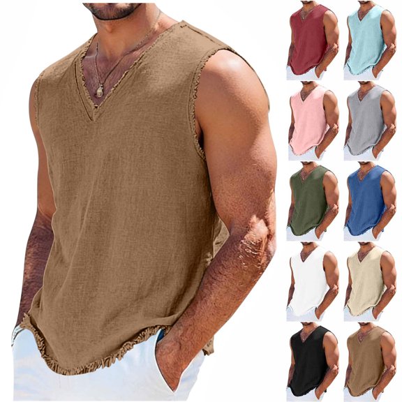 Men Beach Tank Top - Linen Distressed V Neck Breathable Sleeveless Wear for Men Summer Beach Vacation Cover up Undershirts, S-4XL