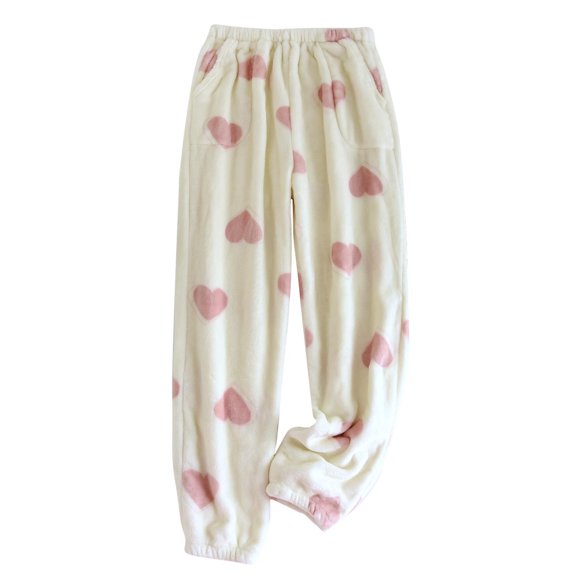 RXMEKW Fleece Lounge Pants for Women with Cuffed Hem and Pockets, Winter Sleepwear, Coral Fleece, Beige L