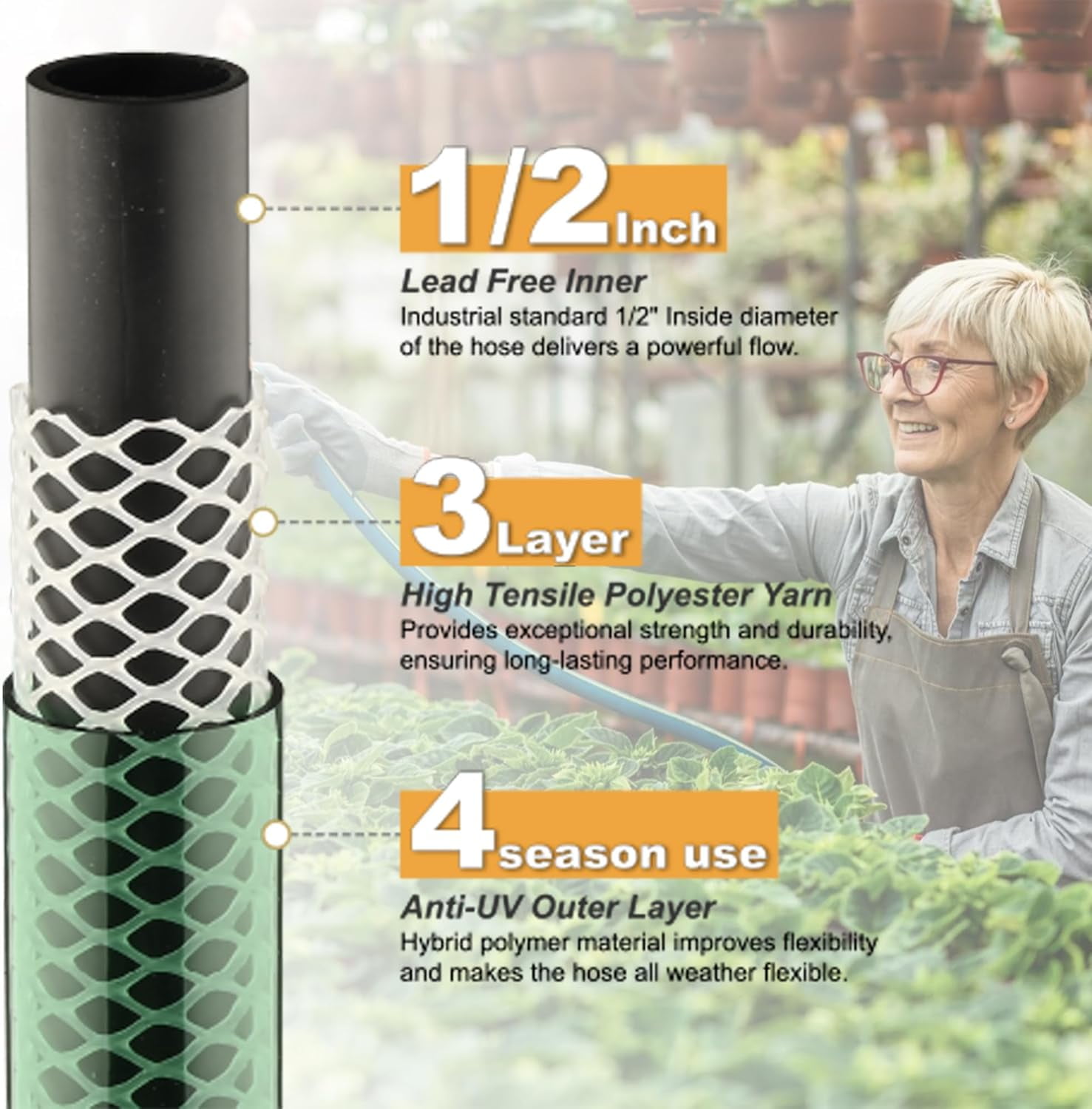 15FT Lightweight PVC Garden Hose: 1/2 Inch Flexible Hose with 3/4 Inch GHT and Shut Off Valve - Leak-Proof Design with Washers and Repair Connector for Small Yard Car Washing