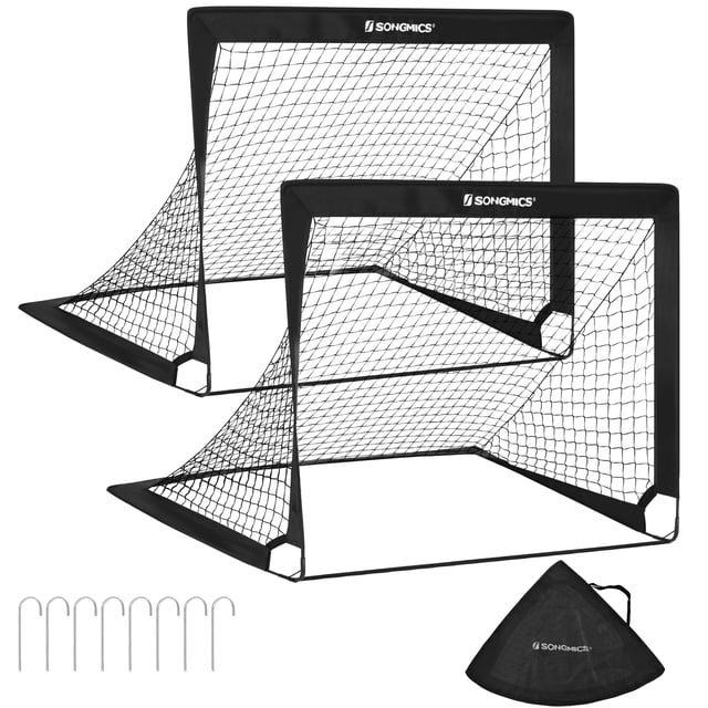 SONGMICS Juego de 2 Porterías de Fútbol para Niños Plegables, para Parque, Playa, Fibra de Vidrio Elástica, Montaje Rápido, Negro