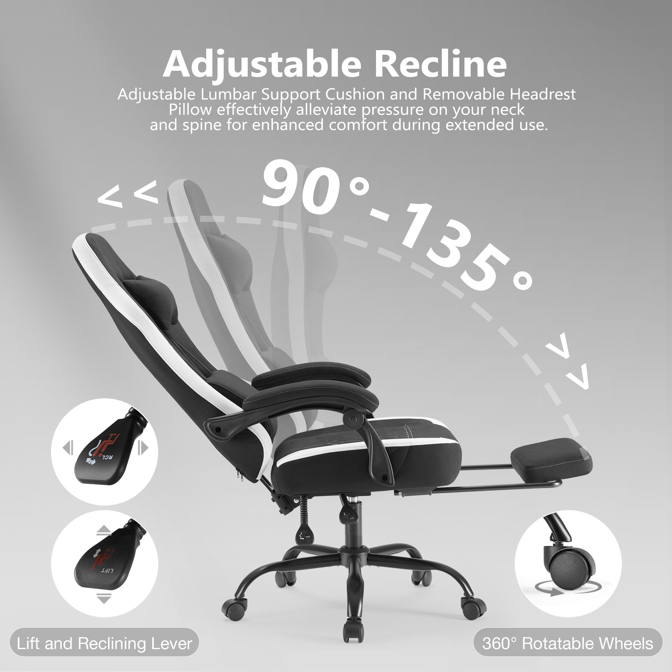 Gaming Chair, Ergonomic Computer Chair with Footrest, Lumbar Support, Headrest, Comfy Seating with thicken cushion, Black