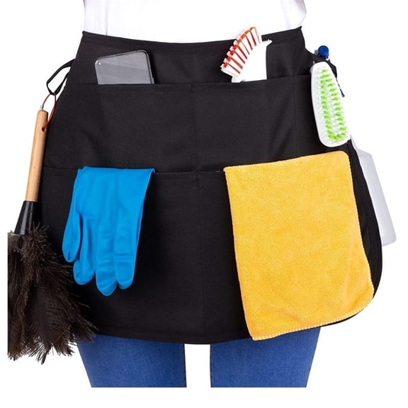 Professional Cleaning Apron with 5 Pockets and Adjustable Waist Belt, Cleaning Aprons for Work of Hotel, Black（only bag）