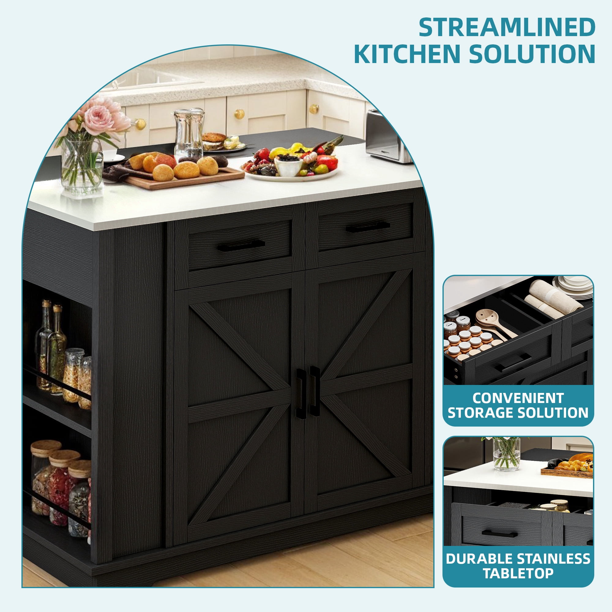Uforic 47 Inch Mobile Kitchen Island Cart with Stainless Steel Top, Built-in Power Outlet, Adjustable Shelves, Spice Rack & Towel Rack, Rolling Storage Cabinet for Kitchen, Black