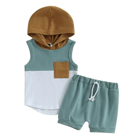 

Musuos 2Pcs Baby Boys Contrast Color Hooded Sleeveless Pocket Tank Tops Elastic Shorts