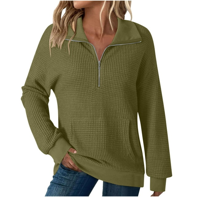 Womens Quarter Zip Sweatshirt, Oversized Waffle Knit Pullover Sweater With Mock Neck And Pockets, Casual Long Sleeve Tops For Fall