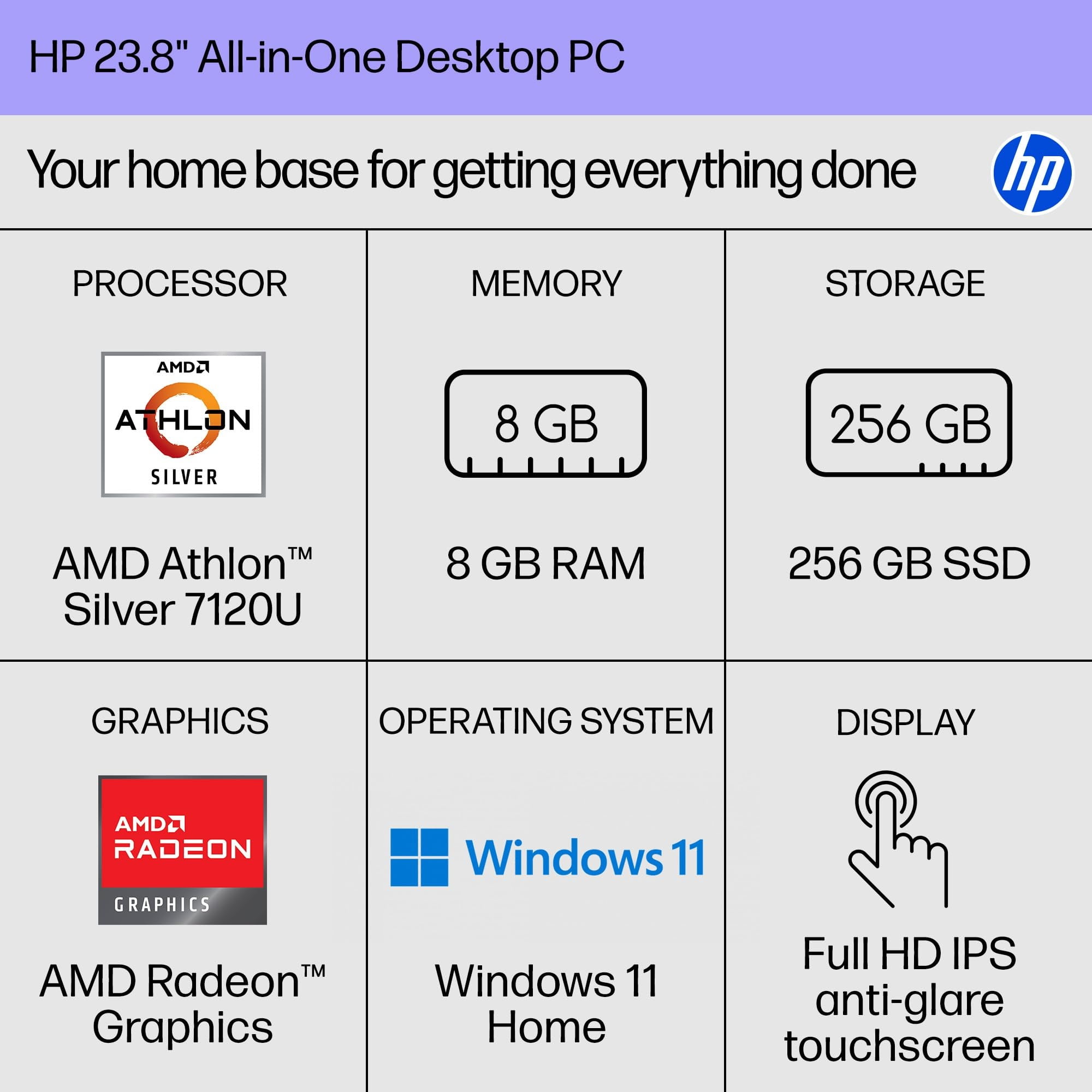 HP 24-cr0000a 24-cr0210 All-in-One Computer - AMD Athlon Silver 7120U - 8 GB - 256 GB SSD - 23.8" Full HD Touchscreen - Desktop - Shell White - AMD Chip - 1920 x 1080 - Windows 11 Home - AMD Radeon...
