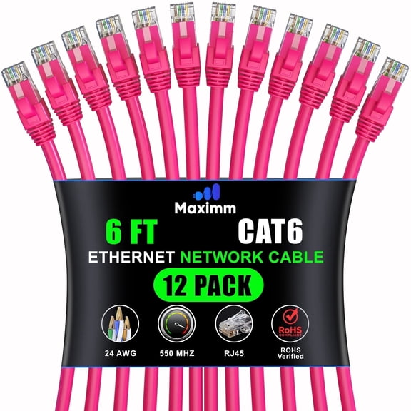 Maximm Cat6 Ethernet Cable 12-Pack 6 ft – CCA LAN Network Patch Cords, RJ45, Pink