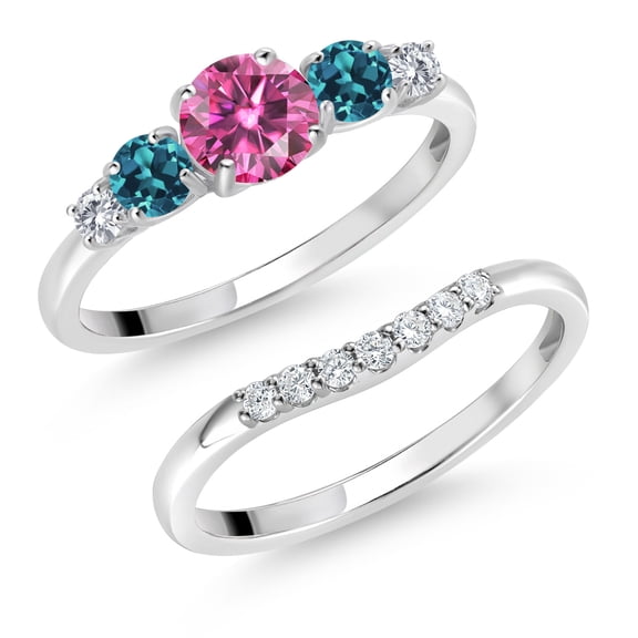 Gem Stone King 10K White Gold Pink Moissanite London Blue Topaz and White Lab Grown Diamond 5 Stone Bridal Engagement Wedding Ring Set for Women (0.87 Cttw, Round: 5MM and 3MM, Size 8)