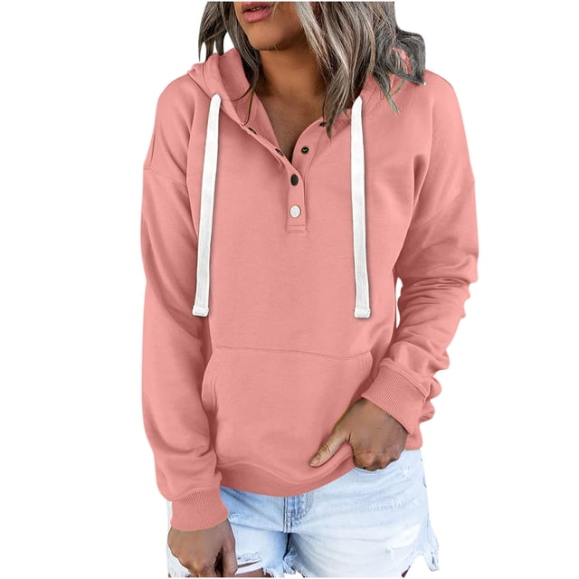 Yuyuzo Sweatshirt for Women Long Sleeve Drawstring Hooded Button V Neck Solid Color Basic Pullover Hoodies
