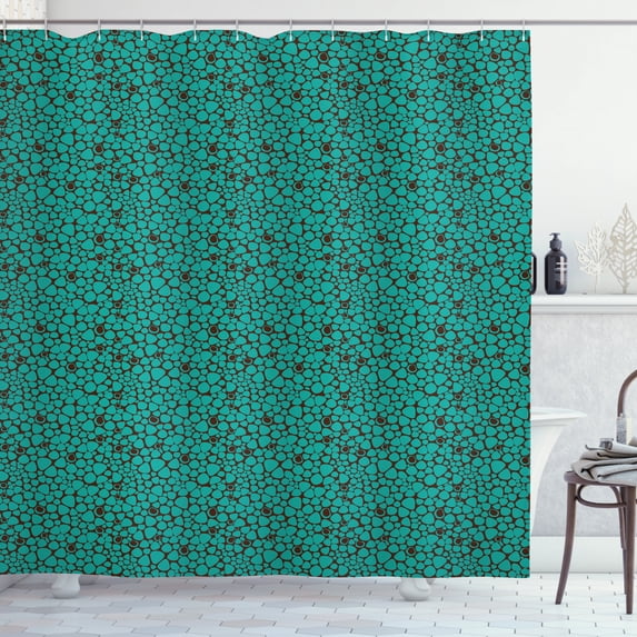 Brown and Blue Shower Curtain, Vivid Abstract Shapes on Brown Backdrop Contrast Colored Tile, Fabric Bathroom Set with Hooks, 69W X 84L Inches Extra Long, Dark Brown and Turquoise, by Ambesonne