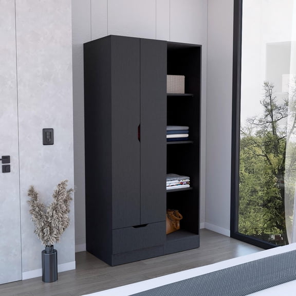 Memphis Wardrobe Armoire with Double-Door Hanging Cabinet, Four-Tier Storage Shelves, Spacious