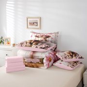 Homewish Highland Cattle Kids Twin Bedding Sets 7-Piece, Pink Blossoms Flower Bedding Comforter Set, Rustic Farmhouse Reversible Sheet Sets, Luxury Bedroom Decor