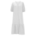 thumbnail image 4 of Women Bohemian Midi Dress Puff Sleeve V Neck Button Up Dresses Solid Causel Pleated Ruffled Dresses, 4 of 6