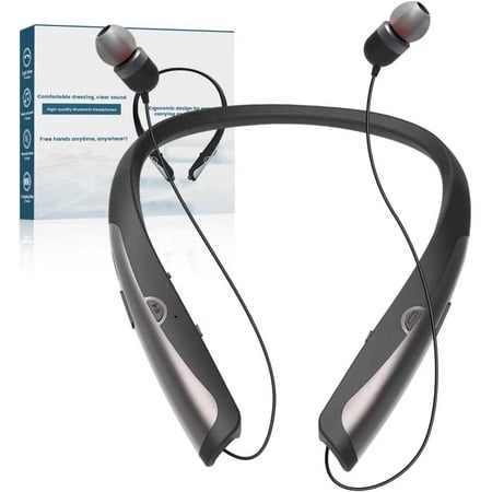Retractable Neckband Bluetooth Headphones, Wireless Stereo Earbuds with Mic, Bluetooth Headset Noise Cancelling, Neckband Bluetooth Earphones for Office Meetings, Travel and Daily Commuting, Black