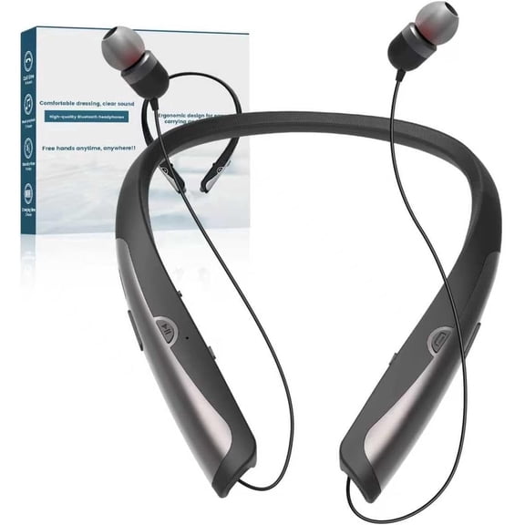 Retractable Neckband Bluetooth Headphones, Wireless Stereo Earbuds with Mic, Bluetooth Headset Noise Cancelling, Neckband Bluetooth Earphones for Office Meetings, Travel and Daily Commuting, Black
