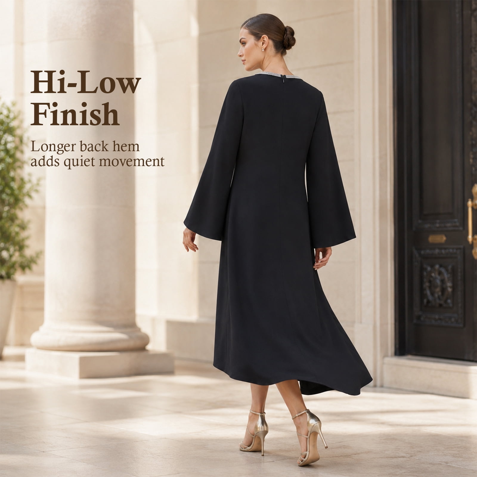 Alvantor Women's Cape Sleeve Midi Dress with Trimmed Neckline, Black