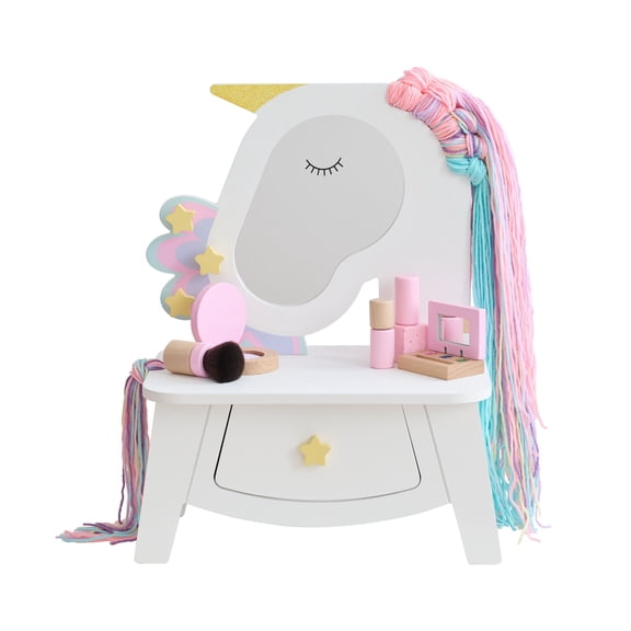 Teamson Kids Dreamy Unicorn Tabletop Vanity, Pretend Makeup Set with Mirror, Drawer & Wool Hair, White, for Toddlers Ages 3 