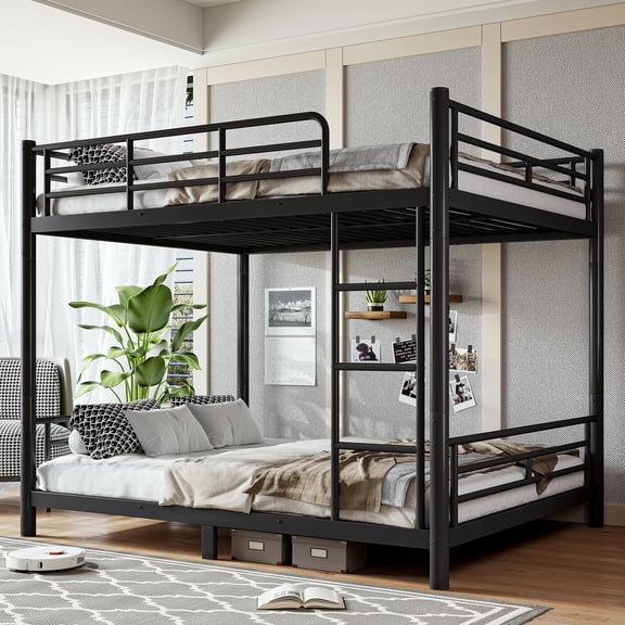 Bellemave Metal Queen Over Queen Bunk Bed, Convertible into 2 Queen Size Beds, Industrial Floor Bunk Beds Frame with Safety Guardrail and Ladder, No Box Spring Needed(Black)