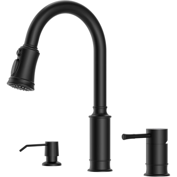 3 Hole Kitchen Sink Faucet, 3 Modes Matte Black Kitchen Faucet with Soap Dispenser, Single Handle High Arch Separate Handle 3 Pieces Kitchen Faucet with Pull Down Sprayer for Laundry RV