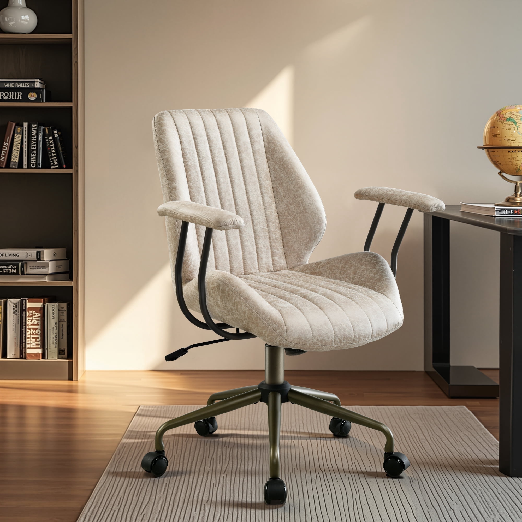 Toject Ergonomic Office Chair, Mid Back Comfy Home Office Chair with Lumbar Support, Mid-Century Modern Computer Executive Desk Chair with Thickened Cushions (Suede Leather, Beige)
