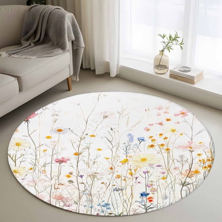 Spring Wildflowers Round Area Rug 4 FT Non Slip Indoor Outdoor Rug Pastoral Rustic Farmhouse Botanical Washable Soft Circular Carpet Non-Shedding Floor Mat for Coffee Table Nursery Foyer Balcony