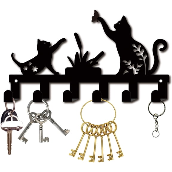 Metal Key Holder Black Key Hooks Organizer Hanger Rack Wall Mounted Decorative with 6 Hooks Cat Butterfly for Front Door Entryway Hallway Bathroom Bag Clothes Key Scarf Hanging 10.6x6.1Inch Gunmetal