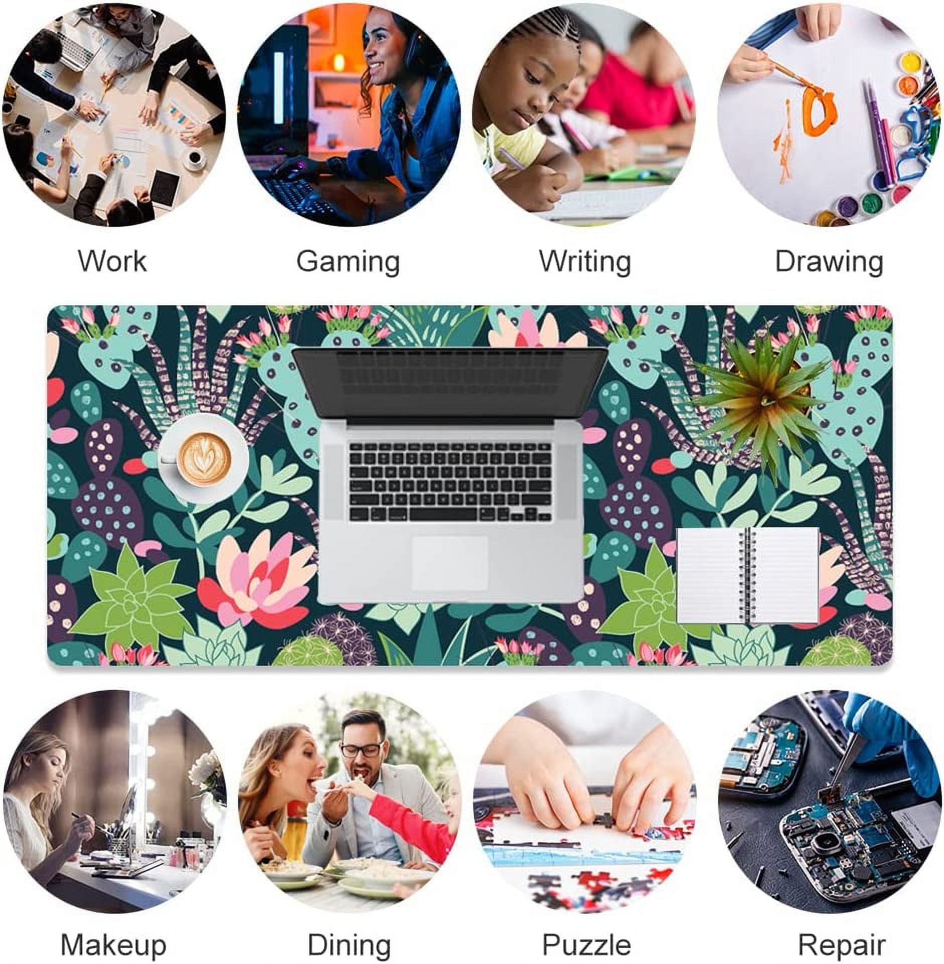 PU Leather Desk Pad, Waterproof Cute Desk Mat, Double Sided Computer Gaming XXL Mouse Pad, Green Large Desk Protector, Succulent Cacti Home Office Décor Mousepad 31.5" x 15.7" - Cactus Flowers