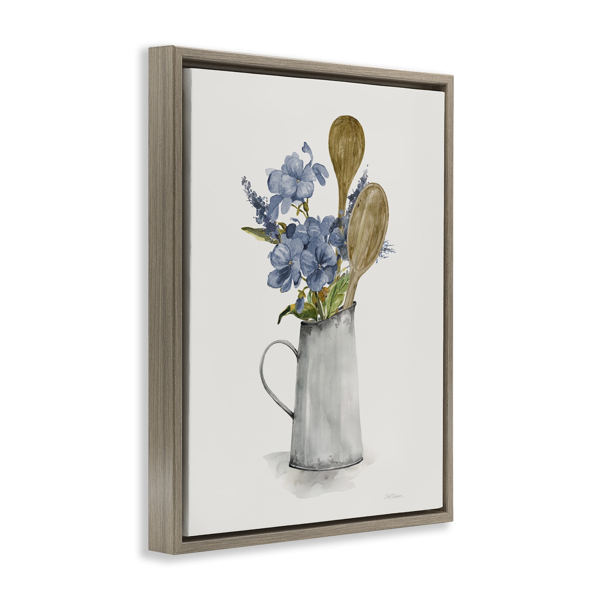Stupell Industries Kitchen Spoons & Blue Blooms Brown Framed Floater Canvas Wall Art, design by Carol Robinson