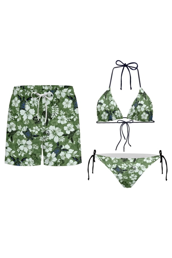 Hibiscus Turtle Matching Swimsuits for Couples 2 Piece Floral Womens Bikini Sets Soft Comfortable Fashion Mens Swim Trunks for Swimming Summer Vacation Swimwear