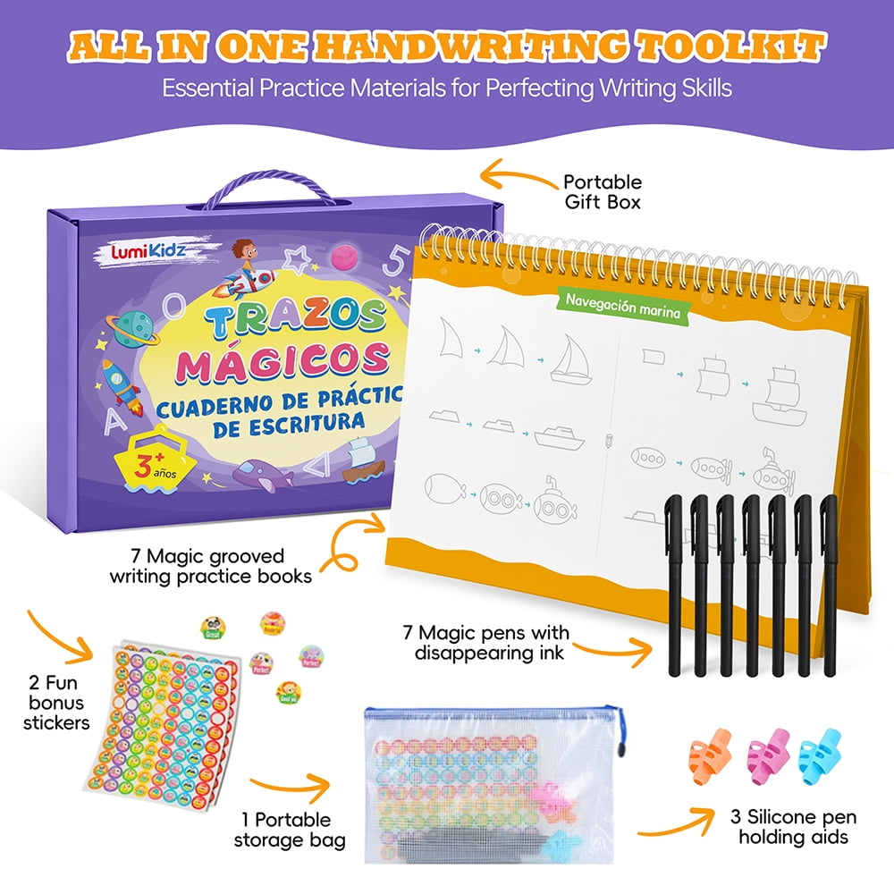 Spanish Magic Grooved Writing Practice for Kids Ages 3–8 – Reusable Grooved Handwriting Workbooks, Large Tracing Practice Books, Preschool & Kindergarten Learning Activities, Educational Gift