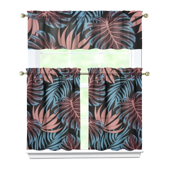 Hawaiian Palm Garden Kitchen Curtains Set 27.5x36in Polyester Valance and Tiers, Tropical Floral Window Curtains for Summer-Themed Kitchen Windows
