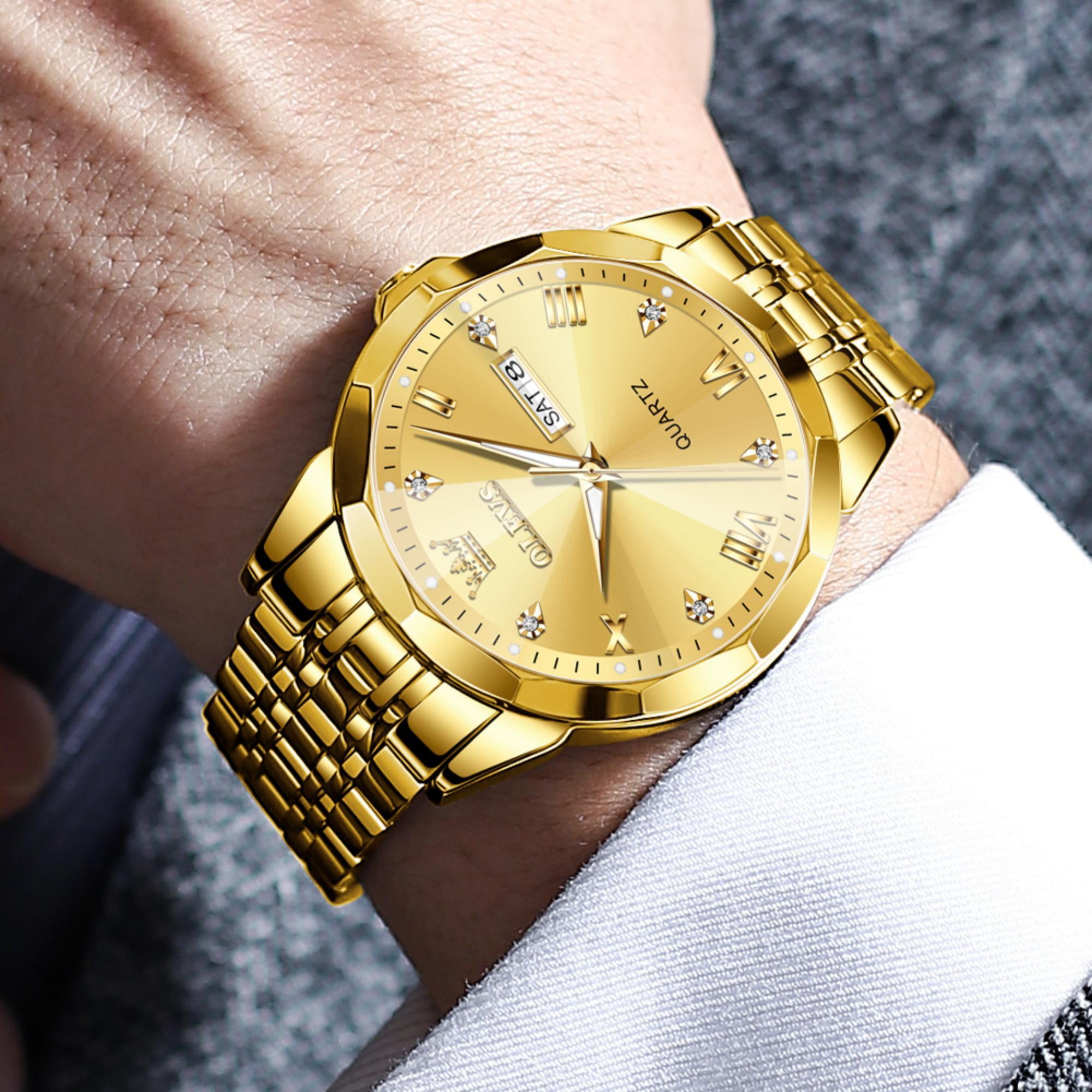 OLEVS Watches for Men Business Dress Analog Quartz Two Tone Gold Plated Stainless Steel Classic Waterproof Luminous Date Casual Mens Wrist Watches Reloj Para Hombre