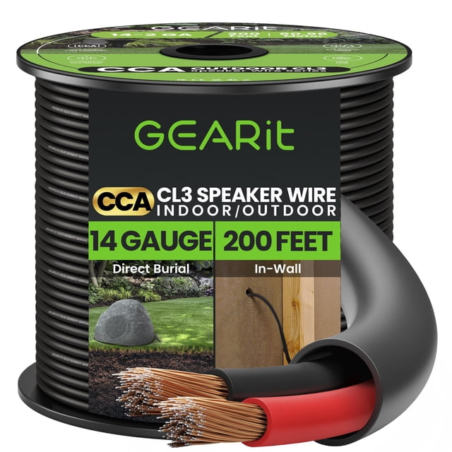 Cable de altavoz GearIt Outdoor CCA calibre 14 AWG 60,96 m negro