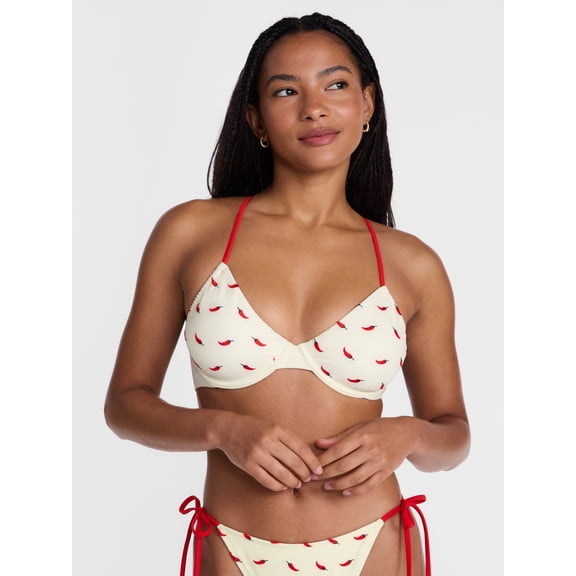 No Boundaries Chili Pepper Print Underwire Bikini Swim Top, Women's XXS-XXL