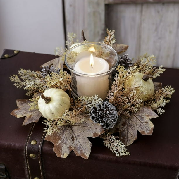 Xihbxyly Corona de Velas de Halloween, Diseño de Flores Naranjas y Blancas, Hojas de Arce Artificiales, Centro de Mesa, Decoración Del Hogar, Decoración para Fiesta de Acción de Gracias, Tamaño 25 X