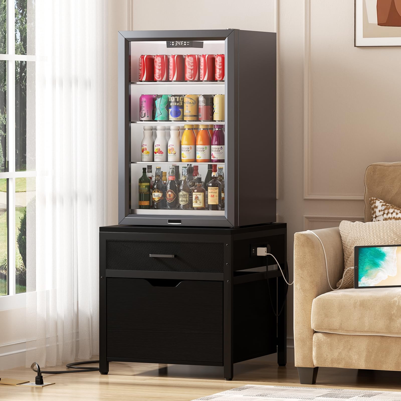 Homieasy Mini Fridge Stand with Drawer Storage & Sockets, Heavy Duty Mini Refrigerator table with Rolling Cabinet for Dorm, Apartment, Office, Mini Fridge and Microwave Stand,Black