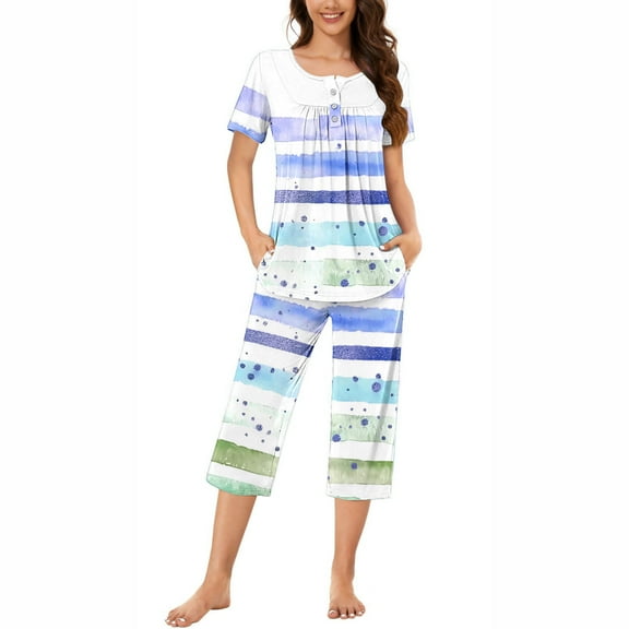 Cmfcve Women's Plus Size Pajama Sets Round Neck Short Sleeve Top & Capri Pants Sleepwear Set Gradient Stripe Print Button Up Pleated Lounge Set with Pockets