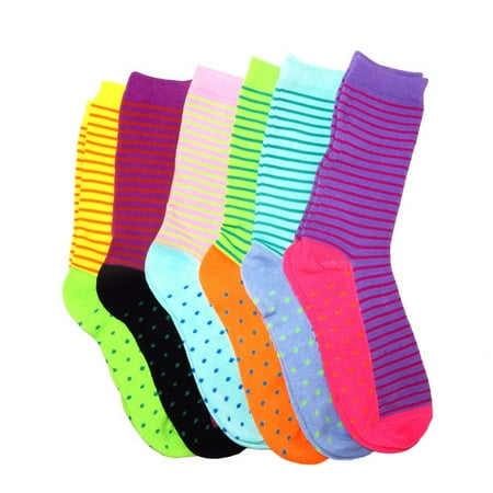 

Fun & Colorful Two-Tone Stripes & Dotes Assorted 12 Pack Crew Socks