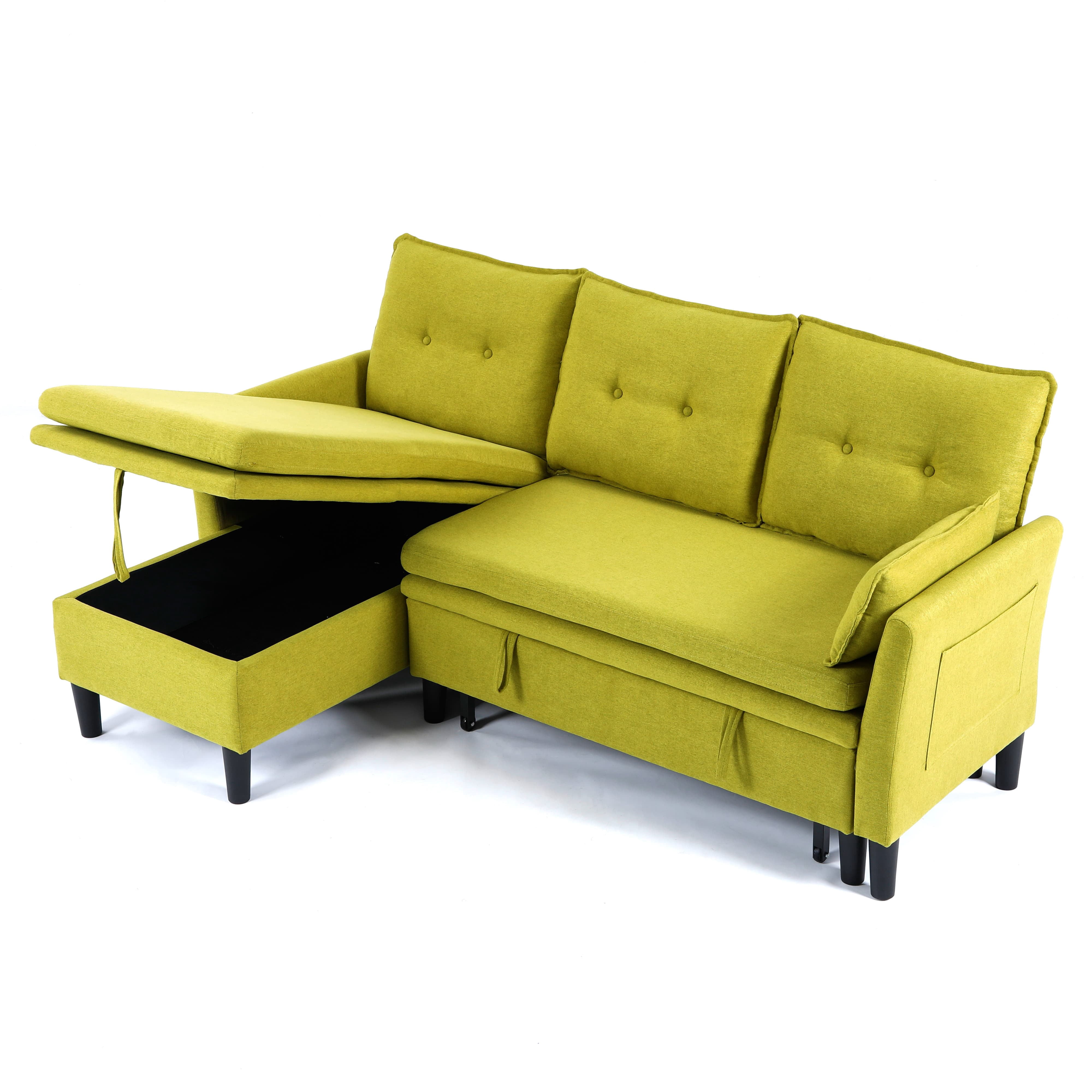 MAYEERTY L-Shaped Reversible Chaise Sectional Sofa Linen Sofa Bed with Storage, for Apartment, Green