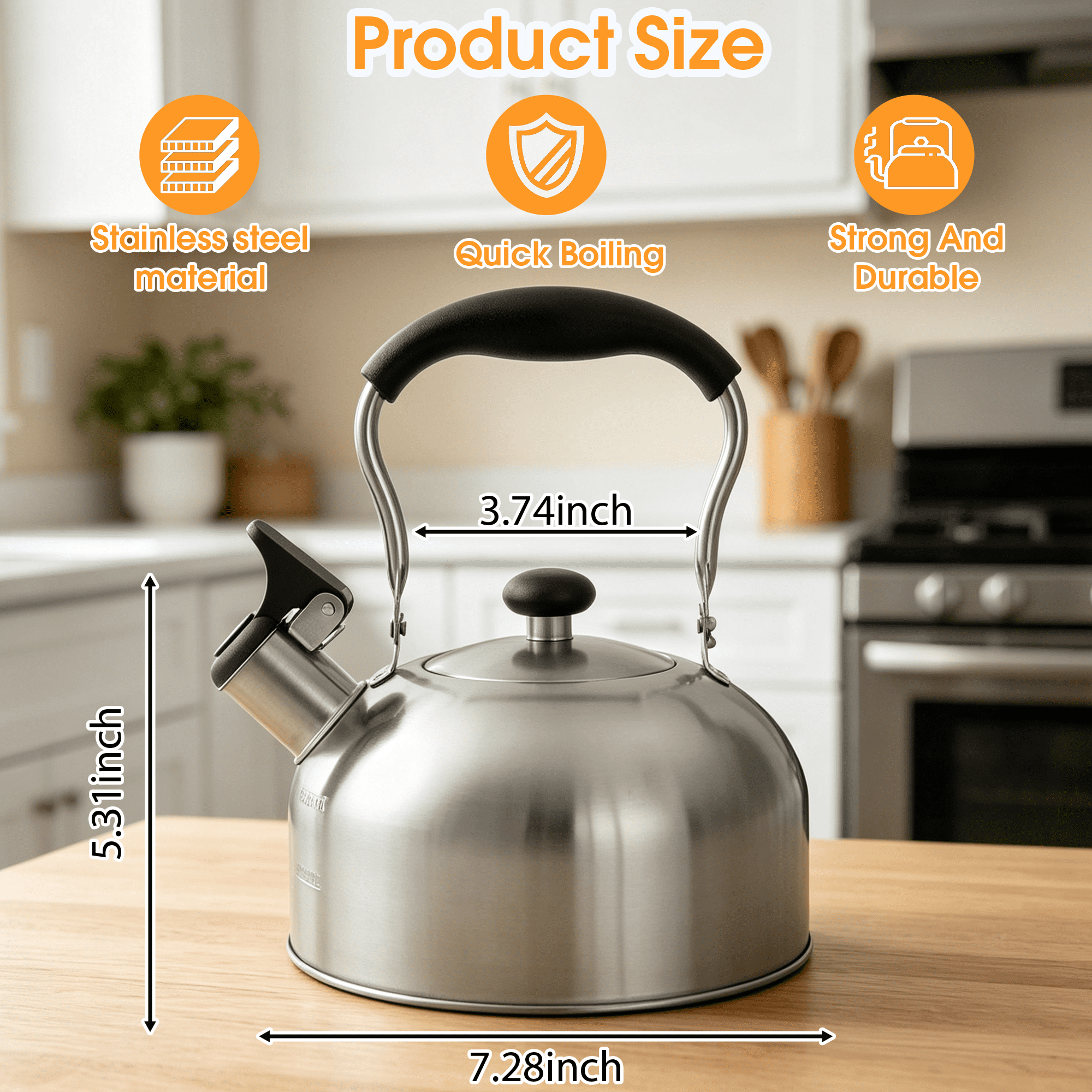 2L Stainless Steel Whistling Tea Kettle, Stovetop Water Kettle with Heat Resistant Handle, Dust-Proof Spout Stove Top Teapot for Gas & Induction Cooktops