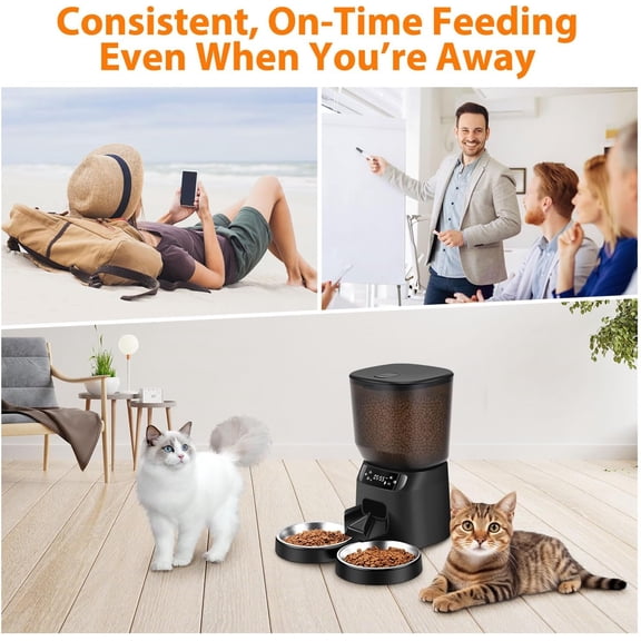 Automatic Cat Feeder for 2 Cats – 5L/20 Cup Dual Food Dispenser with 2 Stainless Bowls, Timed 6 Meals/Day, 20 Portion Settings, 10s Meal Call, Black